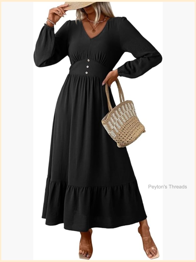 Long Sleeve V Neck Maxi Dress Flowy Tiered Boho Beach Vacation Outfit